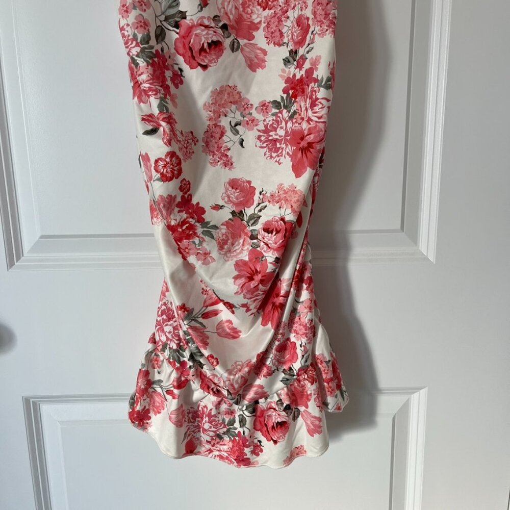 SHEIN Pink and White Medium Floral Ruffle Sleeve Fitted Spring Dress - Picture 2 of 5